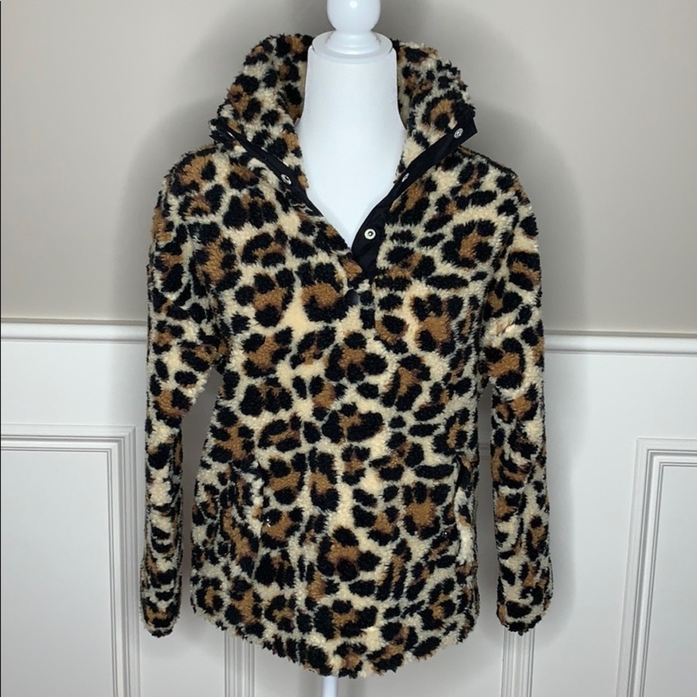 NWT J. Crew Snap-Collar Sherpa Sweatshirt Leopard